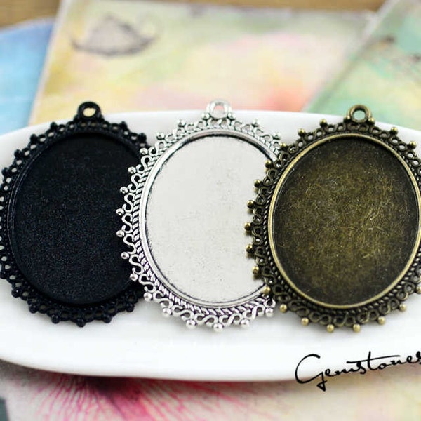 10pcs Pendant trays- 30x40mm Filigree Oval Bezel Cup Cabochon / Cameo Mountings, 3 colors available- antique silver, antique bronze, black