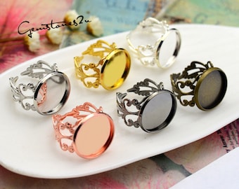 10pcs Brass Ring Base Blanks, Glass Domes Ring Settings,  Adjustable Filigree Ring W/ Lace Edged 12mm--20mm Round Bezel Setting -- 6 Colors