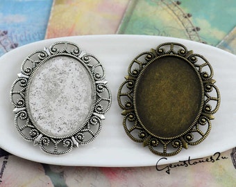 10pcs Pendant Trays- 30x40mm Filigree Frame Oval Bezel Setting, Antique Silver/ Antique Bronze as your choice, Cabochon Pendant Base