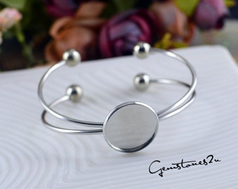 2pcs 316L Stainless Steel Cuff Bracelet Blank With 20mm Cameo Base, Bracelet with Blank Plate-Open Cuff Bangle Bracelet,  BU234