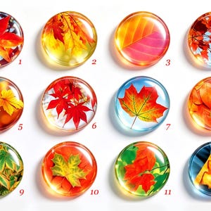 May include: A set of twelve circular glass cabochons, each featuring a unique high-resolution photograph of autumn leaves in vibrant shades of red, orange, yellow, and green. Each piece is numbered from one to twelve in red text.
