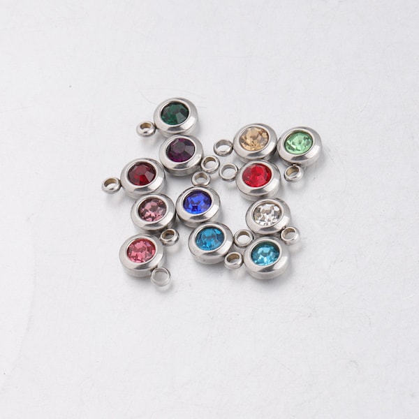 Stainless Steel Birthstone Charm, Stainless Steel Charms, Birthstone Charms in Supplies, 6.5mm Birthstone, Birth Month, Glass Mini Charm,J63