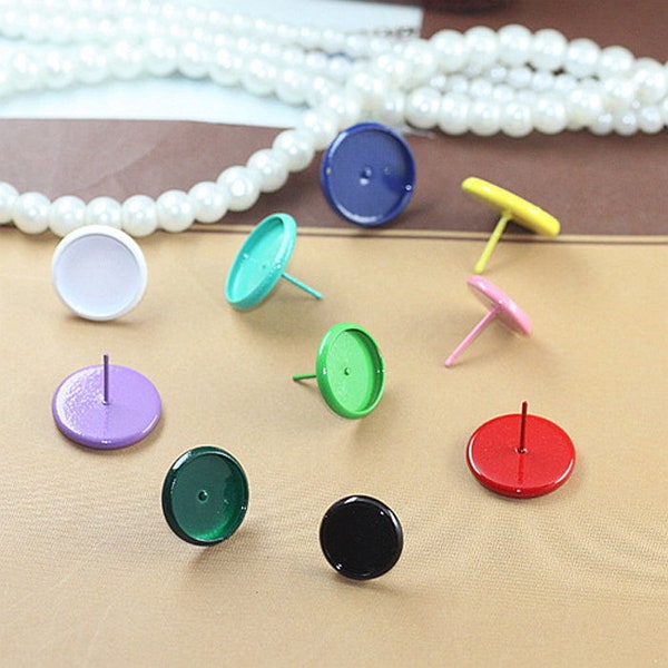 10pcs White/ Pink/ Orange/ Black/ Green/ Red/ Blue Bezel Earring Studs, Colorful 8mm/ 10mm/ 12mm/ 14mm Brass Earring Posts With Round Pad