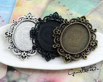 3pcs Pendant Trays- 30x40mm Oval Bezel Cup Cabochon Mounting, Antique Bronze/ Antique Silver / Black as your choice, Cabochon Pendant Base