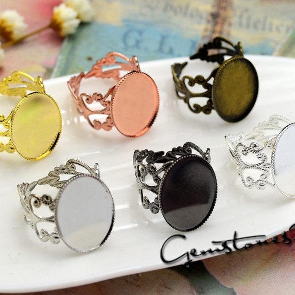 10pcs Brass Ring Base Blanks, Glass Domes Ring Settings, Adjustable Filigree Ring W/ Jagged 13x18mm / 18x25mm Oval Bezel Setting--6 Colors