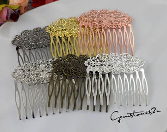 10pcs Filigree Floral Hair Comb, Brass Barrette Base, DIY Accessories, 07921