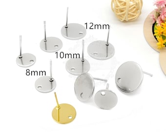 100pcs Earring Posts/ Ear Nut Backs, Stainless Steel Bezel Earring Studs, 8mm/10mm/12mm Glueable Flat Pad, BU264