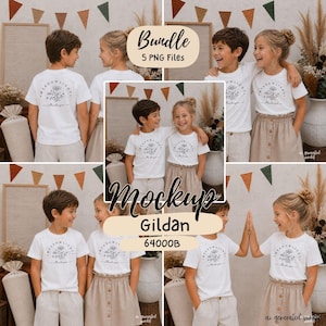 Könnte beinhalten: Ein digitales Paket mit 5 PNG-Dateien, das ein Gildan 64000B-Mockup zeigt. Das Bild zeigt Kinder in weißen T-Shirts mit einer floralen Strichgrafik und dem Text Meadowlight Mockups. Das Set enthält verschiedene Posen von Kindern.
