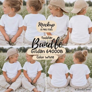 Könnte beinhalten: Ein T-Shirt-Mockup-Paket für Kleinkinder mit 8 PNG-Dateien von weißen Gildan 64000B T-Shirts. Die Bilder zeigen Kinder in schlichten, weißen, kurzärmeligen T-Shirts mit Rundhalsausschnitt, teilweise mit beigen Baseballkappen in einer Wiese.