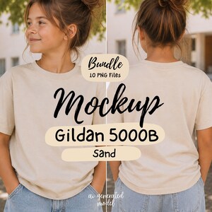 May include: A sand-coloured Gildan 5000B t-shirt shown from the front and back. The image includes text overlays reading Bundle 10 PNG Files, Mockup, Gildan 5000B, Sand, and ai generated model. The shirt has short sleeves and a crew neckline.