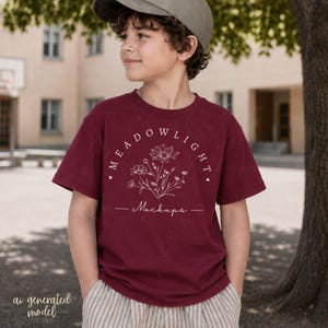 Può includere: Una t-shirt a maniche corte color bordeaux con una grafica a linee bianche raffigurante un bouquet di fiori di campo. Il testo MEADOWLIGHT è arcuato sopra i fiori, con la parola Mockups scritta in corsivo sotto il disegno floreale.