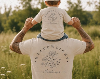 Dad and Me Shirt Mockup Father Child Shoulder Piggyback Mockup Gildan 5000 & 5000B Sand | Fathers Day T-Shirt Mockup (AI Model Mockup)