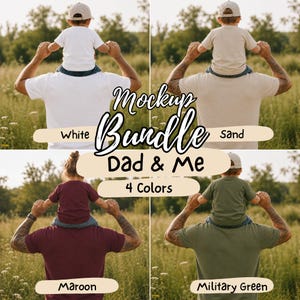 Può includere: Un set di quattro mockup che mostra un genitore e un bambino con magliette abbinate in bianco, sabbia, bordeaux e verde militare. Il testo recita Mockup Bundle Dad & Me 4 Colors. Ogni riquadro mostra un bambino sulle spalle con un berretto.
