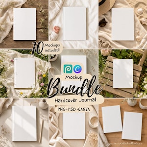 May include: A collection of ten white hardcover journal mockups featuring various settings including wooden surfaces, fabric textures, floral arrangements, and beach elements with the text 10 Mockups included! Mockup Bundle Hardcover Journal PNG PSD CANVA.