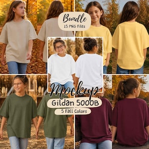 Può includere: Una collezione di mockup di t-shirt Gildan 5000B con 15 file PNG in cinque colori autunnali, tra cui beige, giallo, bianco, verde oliva e bordeaux. Ogni maglietta è mostrata sia davanti che dietro su uno sfondo neutro.