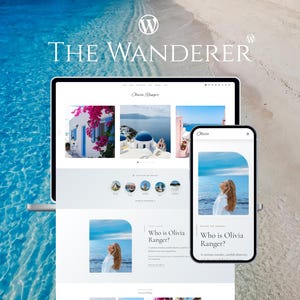 Könnte beinhalten: Ein Laptop und ein Smartphone zeigen eine Website mit dem Titel The Wanderer und dem WordPress-Logo. Die Bildschirme zeigen ein Reiseblog-Layout mit Fotos von griechischer Architektur, Küstenlandschaften und einer Person am Meer.