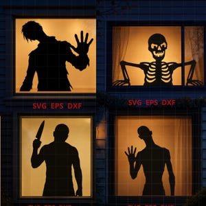 May include: A set of four black window silhouette decals featuring a zombie with a raised hand, a skeleton, a figure holding a knife, and a slender creature with a raised hand. Each window graphic includes the red text SVG EPS DXF.