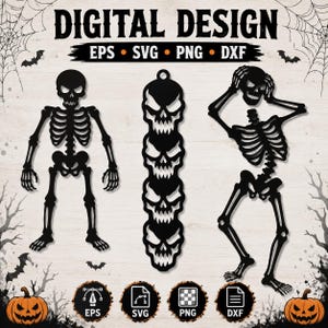 Puede incluir: Un conjunto de archivos de diseño digital con siluetas negras de dos esqueletos y una pila vertical de cuatro calaveras. El texto dice DIGITAL DESIGN EPS SVG PNG DXF. El fondo incluye telarañas, murciélagos, árboles desnudos y dos calabazas naranjas.