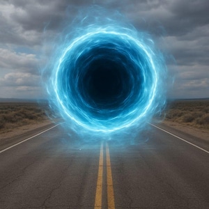May include: A glowing blue circular portal with swirling energy patterns suspended in the center of a paved road. The portal features a dark, deep void at its core, surrounded by bright, electric blue light rays against a cloudy sky.