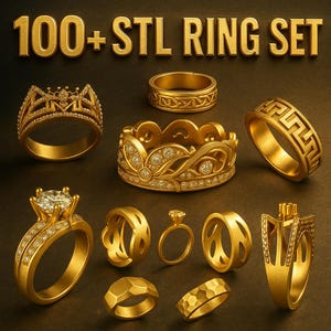 May include: A collection of gold-toned rings featuring various designs, including crown-like shapes, geometric patterns, and stone settings. The text 100+ STL RING SET is displayed at the top. These rings showcase diverse textures and intricate details.