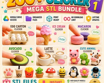 Puede incluir: Un anuncio digital para un paquete de más de 200 archivos STL Clicker parte 1, con varios modelos imprimibles en 3D como cartón de huevos, helado, macarrón, aguacate, café latte y animales, incluyendo acceso a Google Drive y archivos listos.