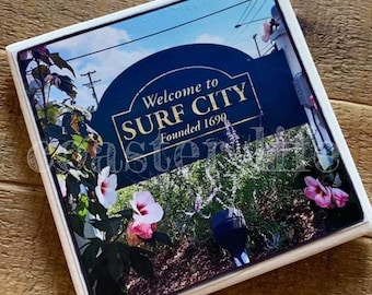 LBI: Welcome to Surf City Blue Sign Tile Coaster