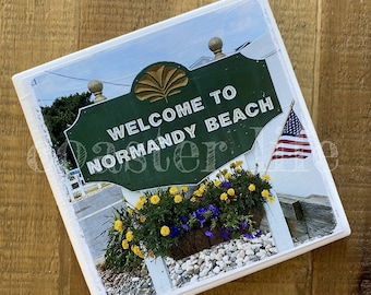 Normandy Beach: Welcome Sign Tile Coaster