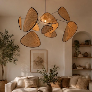 Nordic chandelier for living room, studio, kitchen, wood and bamboo lamp, leaf and grid style, rustic handmade imitation rattan lamp