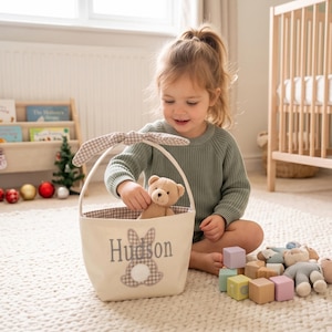 Cesta de conejito de Pascua personalizada, cesta de lona bordada con nombre personalizado, bolsa para la búsqueda de huevos de Pascua para niños, cesta de regalo de Pascua con monograma para niños pequeños.