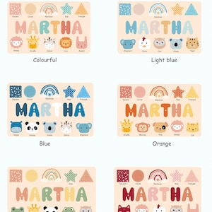 May include: Six rectangular wooden puzzle boards labeled Colour selection, each featuring the name MARTHA in large letters, surrounded by various shapes like squares, circles, rainbows, stars, and triangles, plus five animal faces per board.