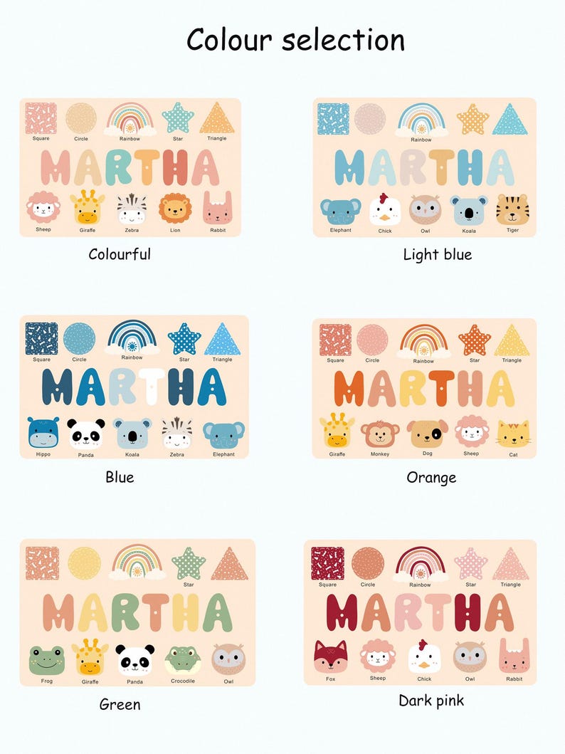 May include: Six rectangular wooden puzzle boards labeled Colour selection, each featuring the name MARTHA in large letters, surrounded by various shapes like squares, circles, rainbows, stars, and triangles, plus five animal faces per board.