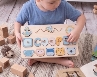 Custom Baby Name Puzzle, Animal Child puzzle Toy, Kids Early Learning Puzzle,  Christmas Gift，First Birthday Present