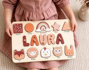 Rompecabezas de nombres de animales / Rompecabezas interactivo / Regalo para baby shower o Pascua / Para niña y niño / Personalizado
