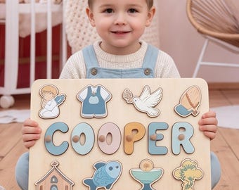 Baptism gift, Christening keepsake, First Communion gift, Religious baby gift, Personalized name puzzle,  Montessori wooden toy