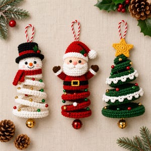 May include: Three crocheted Christmas ornaments featuring a snowman in a black hat, a Santa Claus figure, and a green Christmas tree with a yellow star. Each ornament has a spiral base decorated with small beads and a metal bell at the bottom.