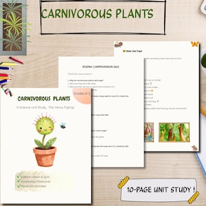 Op de afbeelding: Een educatieve leseenheid van 10 pagina's getiteld Carnivorous Plants: A Science Unit Study: The Venus Flytrap. De pagina's bevatten een getekende Venusvliegenvanger in een terracotta pot, een begrijpend leesquiz en informatie over plantenvallen.