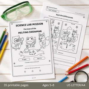 May include: Two printable science activity sheets titled Science Lab Mission: The Case of the Melting Snowman, featuring line art of an owl, frog, and fox. Includes a magnifying glass, safety goggles, and coloured pencils on a white surface.