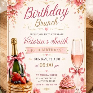 Modèle d'invitation pour brunch d'anniversaire, invitation florale au champagne modifiable, design élégant rose et or, téléchargement numérique imprimable