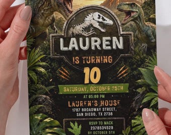 Dinosaur Birthday Invitation Template, Editable Jurassic Park Style Invite, T-Rex Design, Jungle Volcano Design, Printable Digital Download