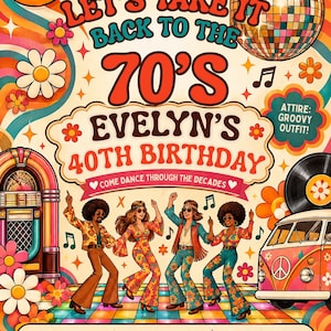 Może przedstawiać: Kolorowy plakat z zaproszeniem na urodziny z tekstem LET'S TAKE IT BACK TO THE 70'S, EVELYN'S 40TH BIRTHDAY oraz COME DANCE THROUGH THE DECADES. Projekt zawiera kulę dyskotekową, szafę grającą, vana i cztery tańczące osoby.
