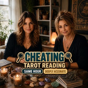 May include: Two individuals with wavy brown hair wearing black tops sit behind a wooden table. The text CHEATING TAROT READING SAME HOUR DEEPLY ACCURATE is displayed. The table features two lit candles in glass jars, various crystals, and books.