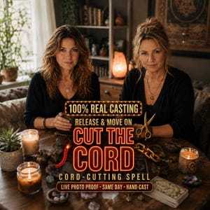 May include: A wooden table featuring two lit candles in glass jars, a pair of gold-coloured scissors, a gold chain, and various crystals. Text overlay reads: 100% REAL CASTING, RELEASE & MOVE ON, CUT THE CORD, CORD-CUTTING SPELL, LIVE PHOTO PROOF, SAME DAY, HAND-CAST.