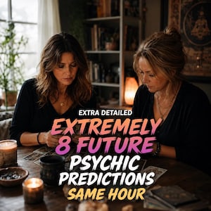 May include: Two individuals in black tops sit at a wooden table with tarot cards, candles, and a dark bowl. Text overlay reads: EXTRA DETAILED EXTREMELY 8 FUTURE PSYCHIC PREDICTIONS SAME HOUR. The scene is dimly lit with a bookshelf in the background.