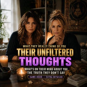 May include: Two individuals with long hair sit behind a wooden table with candles and tarot cards. Text reads: WHAT THEY REALLY THINK OF YOU, THEIR UNFILTERED THOUGHTS, WHAT'S ON THEIR MIND ABOUT YOU THE TRUTH THEY DON'T SAY, SAME-HOUR, EXTRA DETAILED.