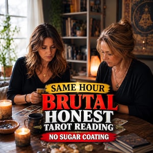 May include: A tarot reading service advertisement featuring the text SAME HOUR BRUTAL HONEST TAROT READING NO SUGAR COATING in bold yellow, red, and white lettering overlaid on a wooden table with candles, tarot cards, and small stones.