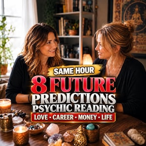 May include: A psychic reading service advertisement featuring the text SAME HOUR 8 FUTURE PREDICTIONS PSYCHIC READING LOVE CAREER MONEY LIFE. The image displays two individuals at a wooden table with candles, crystals, and a deck of cards.