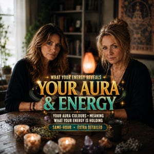 Puede incluir: Dos personas sentadas a una mesa de madera con velas y cristales. El texto dice: WHAT YOUR ENERGY REVEALS YOUR AURA & ENERGY, YOUR AURA COLOURS • MEANING WHAT YOUR ENERGY IS HOLDING, SAME-HOUR • EXTRA DETAILED. La escena está en penumbra.