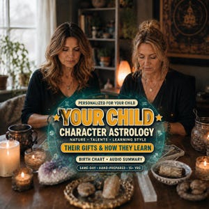 以下が含まれることがあります： 「PERSONALIZED FOR YOUR CHILD YOUR CHILD CHARACTER ASTROLOGY NATURE TALENTS LEARNING STYLE THEIR GIFTS & HOW THEY LEARN BIRTH CHART AUDIO SUMMARY SAME-DAY HAND-PREPARED 15+ YRS」というテキストと黄道十二宮のシンボルが描かれた円形のグラフィックオーバーレイ。