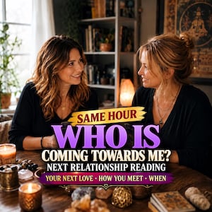 May include: Two individuals sit at a wooden table with candles and crystals. Text reads: SAME HOUR WHO IS COMING TOWARDS ME? NEXT RELATIONSHIP READING YOUR NEXT LOVE - HOW YOU MEET - WHEN. The scene features warm lighting and a bookshelf.