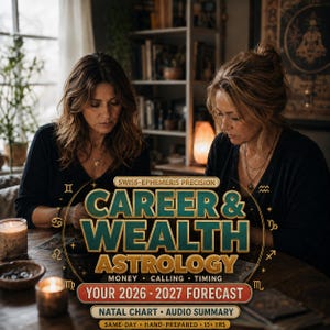 May include: A digital graphic overlay featuring the text SWISS-EPHEMERIS PRECISION CAREER & WEALTH ASTROLOGY MONEY CALLING TIMING YOUR 2026 2027 FORECAST NATAL CHART AUDIO SUMMARY SAME-DAY HAND-PREPARED 15+ YRS with zodiac symbols around the border.